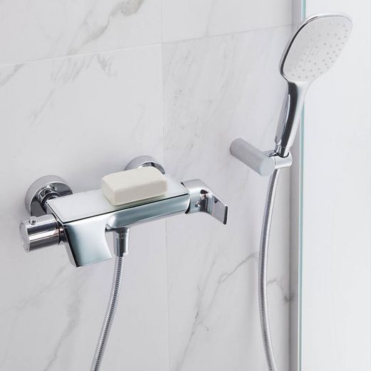 Monomando de baño-ducha Urban Chic con equipo de ducha, salida en cascada y repisa con vidrio de seguridad