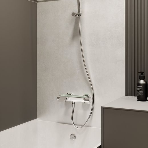 Termostático de baño-ducha con equipo de ducha, salida en cascada y repisa con vidrio de seguridad cromo