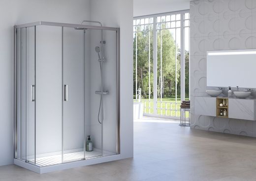 Mampara angular de ducha 2 fijos + 2 puertas correderas de 72 a 75 cm.