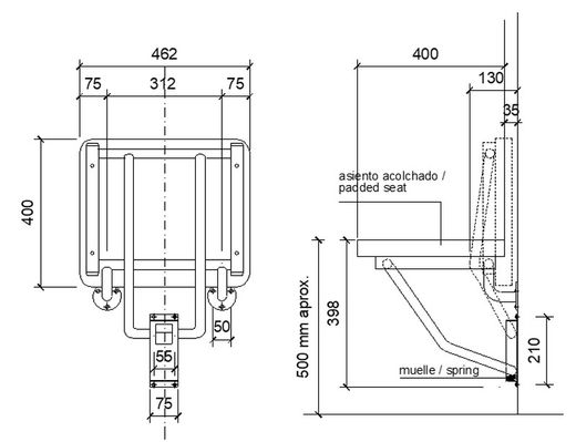 Asiento abatible INOX con asiento acolchado