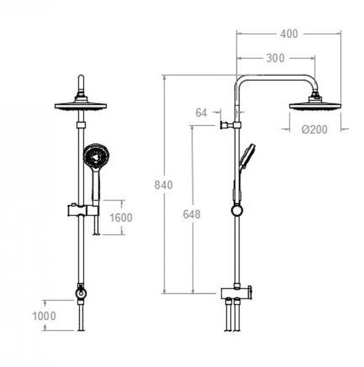 Barra de ducha adaptable con teleducha, flexo y rociador de metal Ø200mm, Cromado