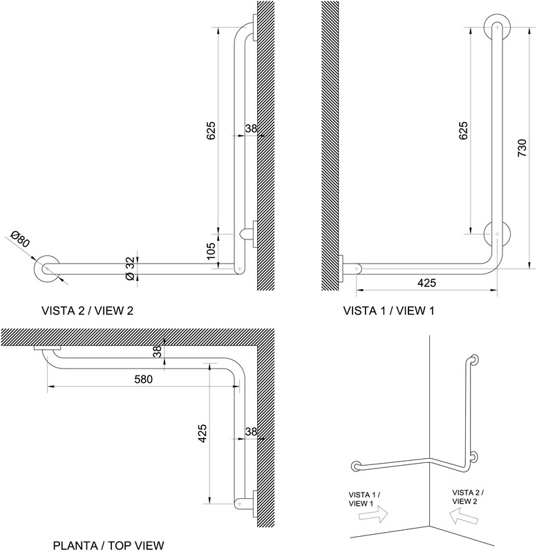 Barra ducha INOX 3 puntos anclaje pared DCHA. — Suministros online SUMICK,  S.L.