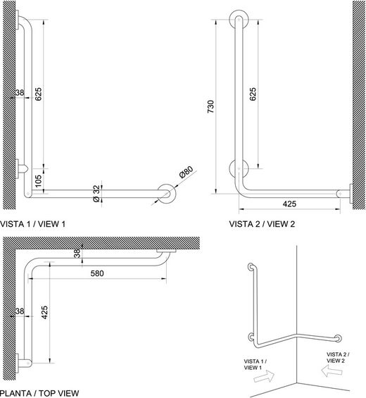 Barra ducha INOX 3 puntos anclaje pared IZQUIERDA