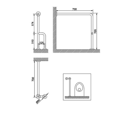 Barra fija INOX tres anclajes pared suelo DER