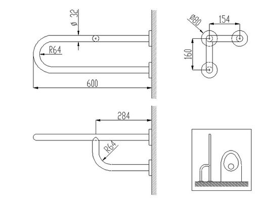 Barra fija INOX tres puntos anclaje pared DERERECHA