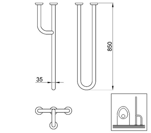 Barra fija INOX tres puntos anclaje pared IZQUIERDA