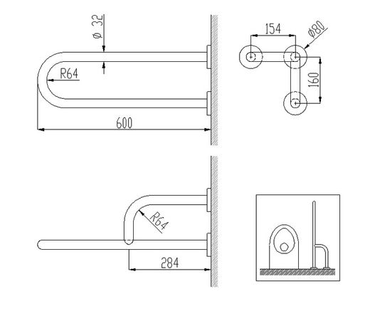 Barra fija INOX tres puntos anclaje pared IZQUIERDA