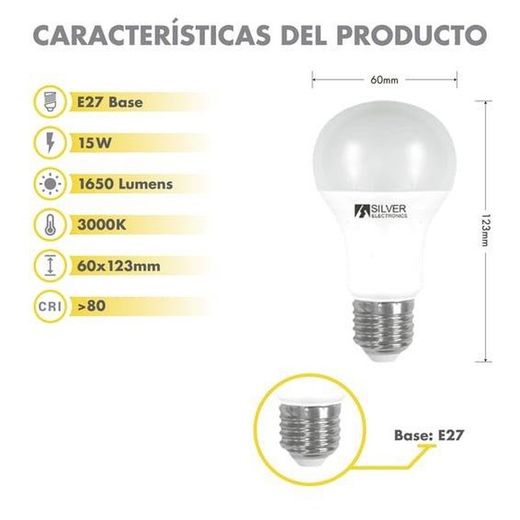Bombilla 15w E-27 3000 k 1650 lm 180º Silver estándar