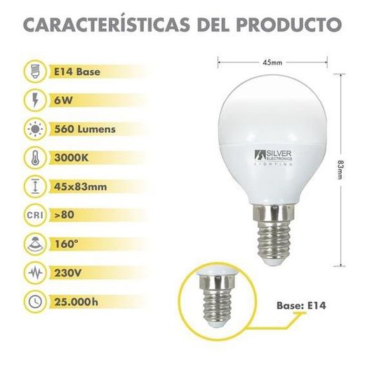 Bombilla 6w E-14 3000 k 560 lm 160º Silver esférica