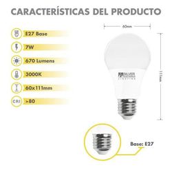 Bombilla 7w E-27 3000 k 670 lm 180º Silver estándar