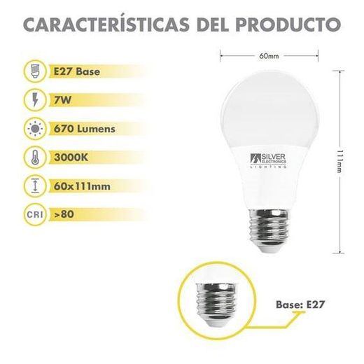 Bombilla 7w E-27 3000 k 670 lm 180º Silver estándar