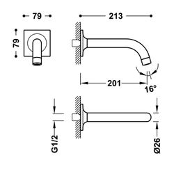 Caño fijo de pared con toma de agua a pared regulable en profundidad