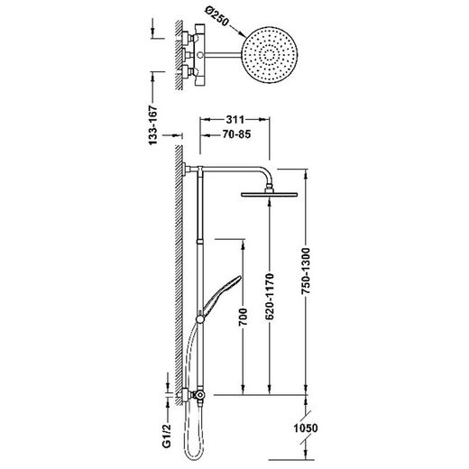 Conjunto de grifo termostático mural de 2 vías para ducha Base-Tres Plus