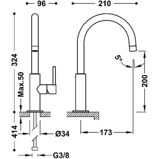 Grifo monomando alto con maneta lateral para lavabo Study Exclusive