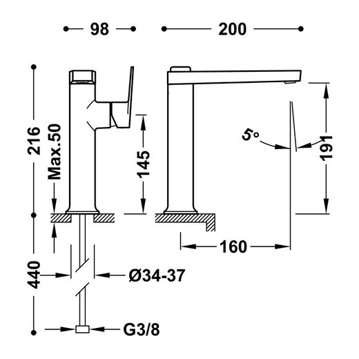 Grifo monomando alto con maneta lateral para lavabo