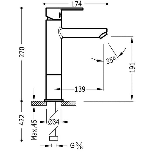 Grifo monomando alto para lavabo Lex-Alp