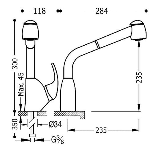 Grifo monomando con caño extraíble con 2 tipos de chorro para cocina