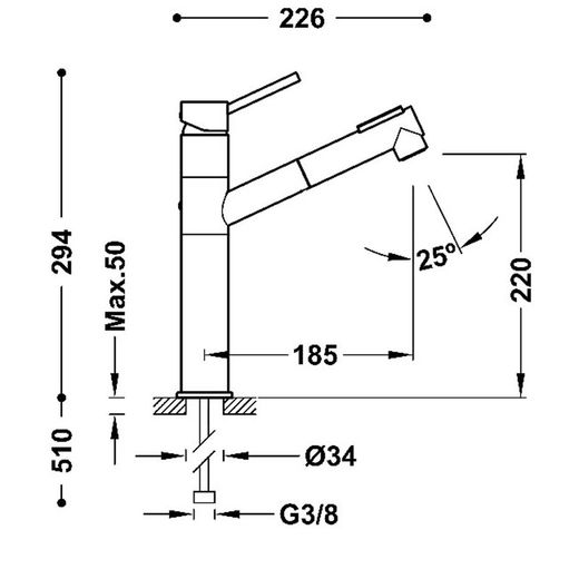 Grifo monomando con caño extraíble con 2 tipos de chorro para cocina