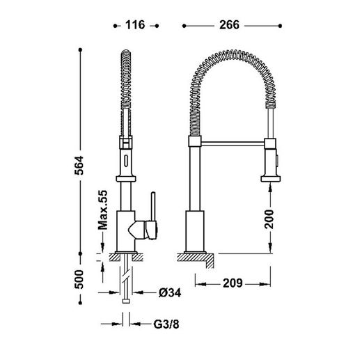 Grifo monomando con ducha extraíble con 2 tipos de chorro para cocina industrial Cocina