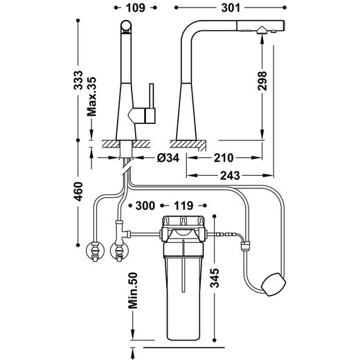 Grifo monomando de 2 vías con caño extraíble para cocina, para agua de red y filtrada