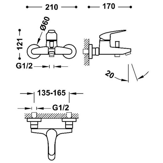 Grifo monomando mural para bañera y ducha Base-Tres Plus