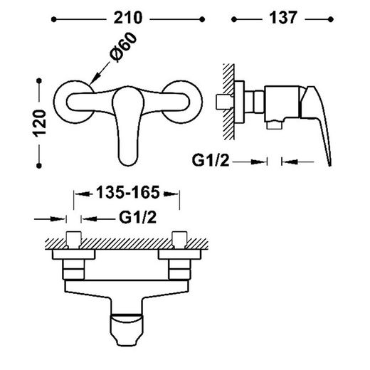 Grifo monomando mural para ducha Base-Tres Plus
