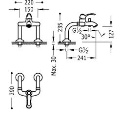 Grifo monomando para borde de bañera con tomas de agua acodadas Tres-Clasic