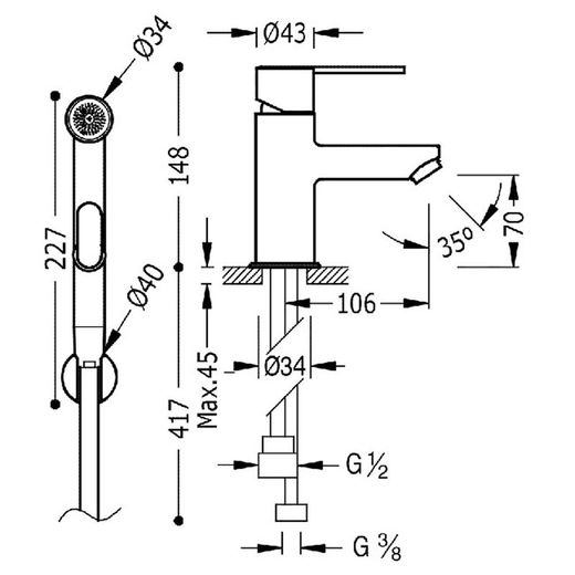 Grifo monomando para lavabo con ducha para inodoro Lex-Alp