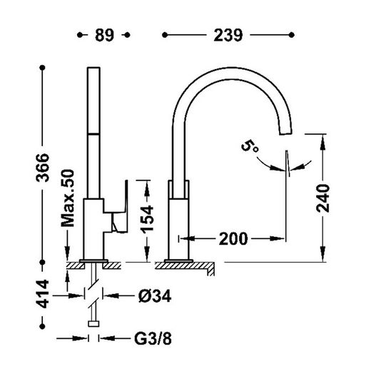 Grifo monomando XXL con maneta lateral para lavabo Cuadro