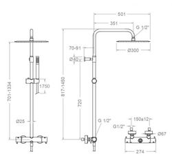 Odisea, columna de ducha telescópica termostática con rociador metálico 300mm, negro mate