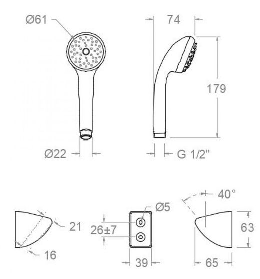 Set de ducha de mano de Ø62mm, flexo y soporte, cromado