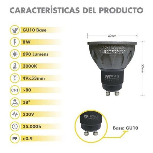 Silver dicroica LED 8w GU10 3000K 650lm 38