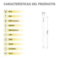 Silver tub LED 9w (18 w) G13 900 lm 588,8 mm vidrio opal