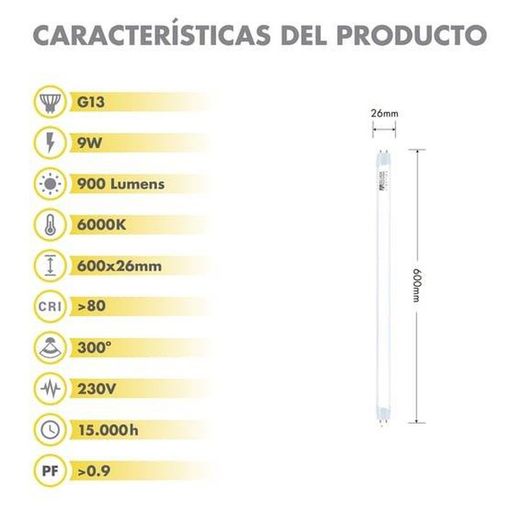 Silver tub LED 9w (18 w) G13 900 lm 588,8 mm vidrio opal