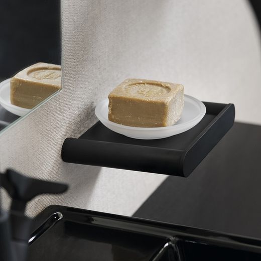 Soporte jabonera de pared para baño con sistema de instalación Dual, Negro Mate, Modelo Ergos